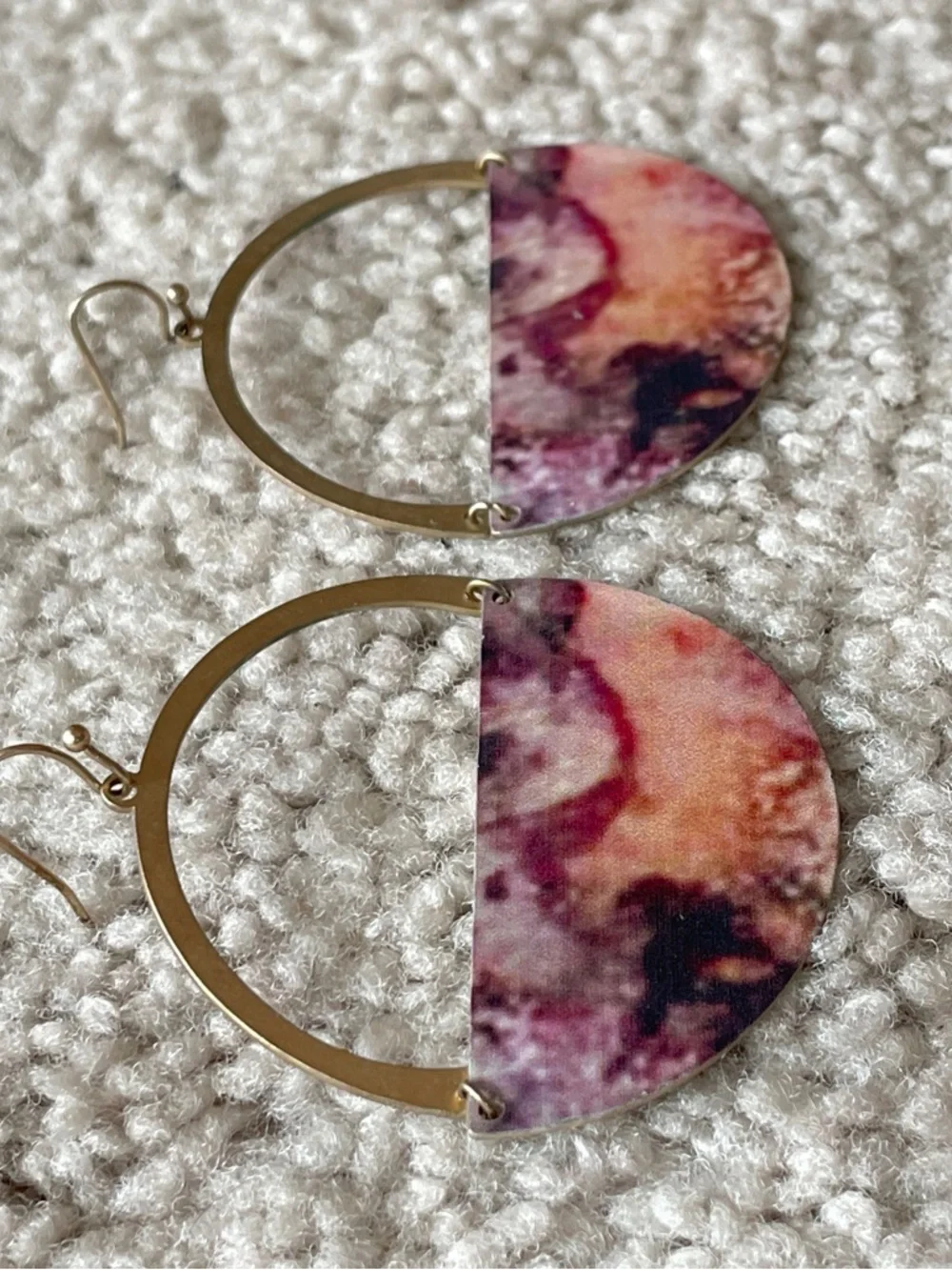 Boutique Pink Marble Print Pink Purple Gold Boho Half-Moon Hoop Drop Earrings